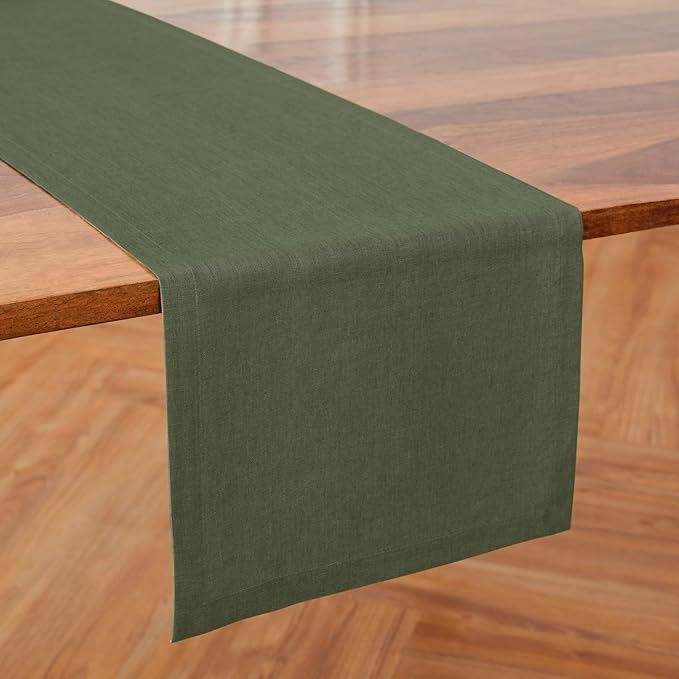 Solino Home Linen Table Runner 48 Inches - 100% Pure Linen Desert Green Table Runner 14 x 48 Inch Ideal for Dresser and Coffee Tables - St Patricks Day - Diana Medium Weight