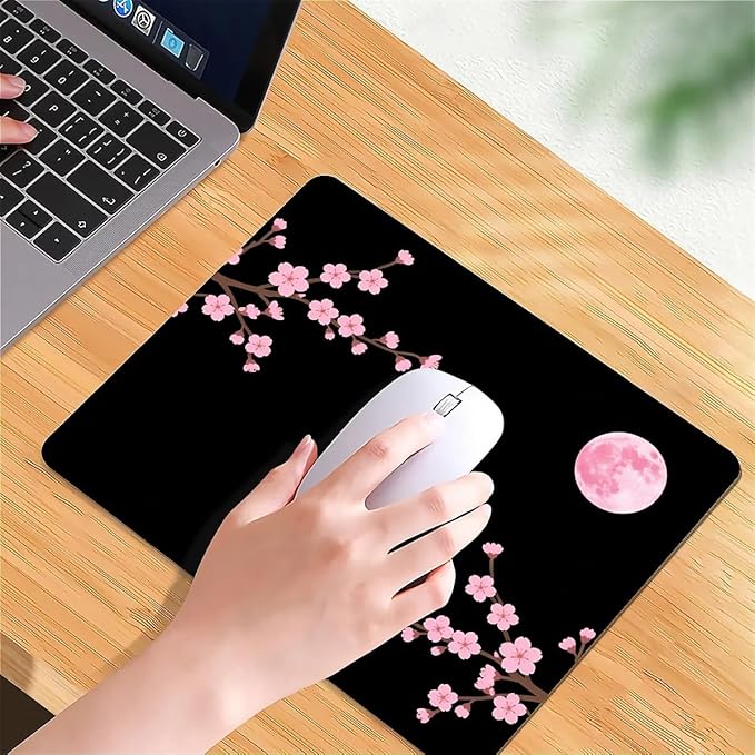 Square Mouse Pad Pink Cherry Blossoms Moon, Personalized Premium-Textured Custom Mouse Mat Design, Washable Mousepad Cloth, Non-Slip Rubber Base Computer Mouse Pads for Wireless Mouse