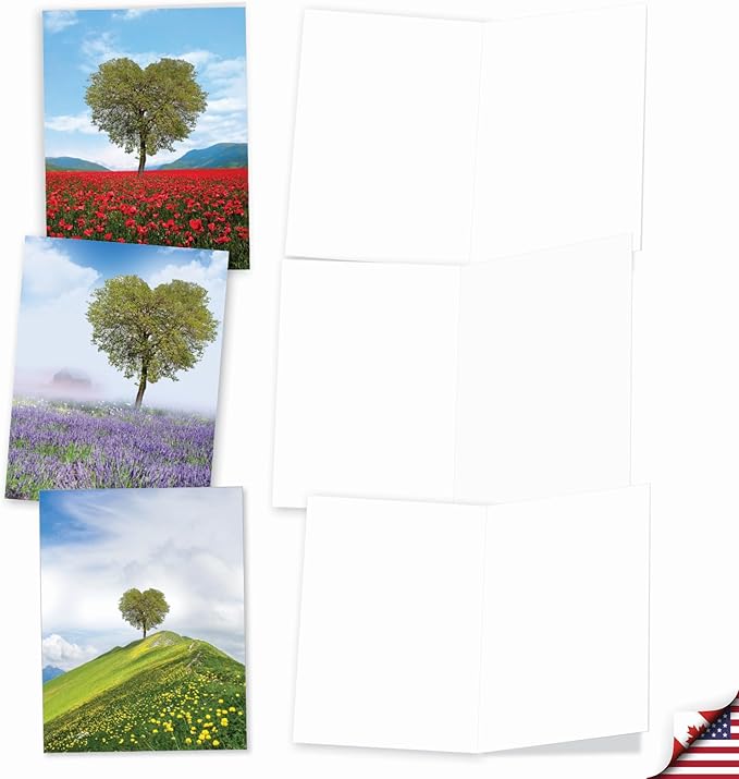 The Best Card Company - 20 Cute Boxed Cards (4 x 5.12 Inch) - Assorted Blank Set (10 Designs, 2 Each) - Heart Trees AM8994OCB-B2x10