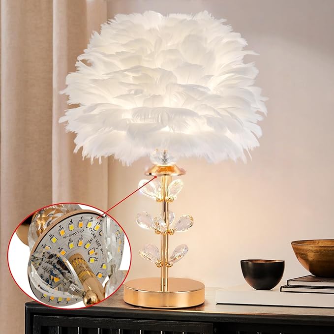 Chic White Feather Lamp Creative Fluffy Table Lamp Cute Kids Bedside Lamp Modern Feather Desk Light for Teen Girls Bedroom Living Room Entryway Study Room Wedding Deco