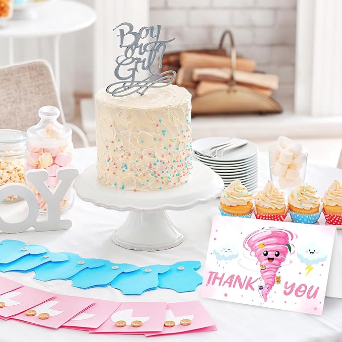 24 Pack Two-nado Party Thank You Card Pink Tornado Greeting Cards with Envelopes Stickers Blank Note Cards for 2nd Birthday Baby Shower, 4 x 6 Inch