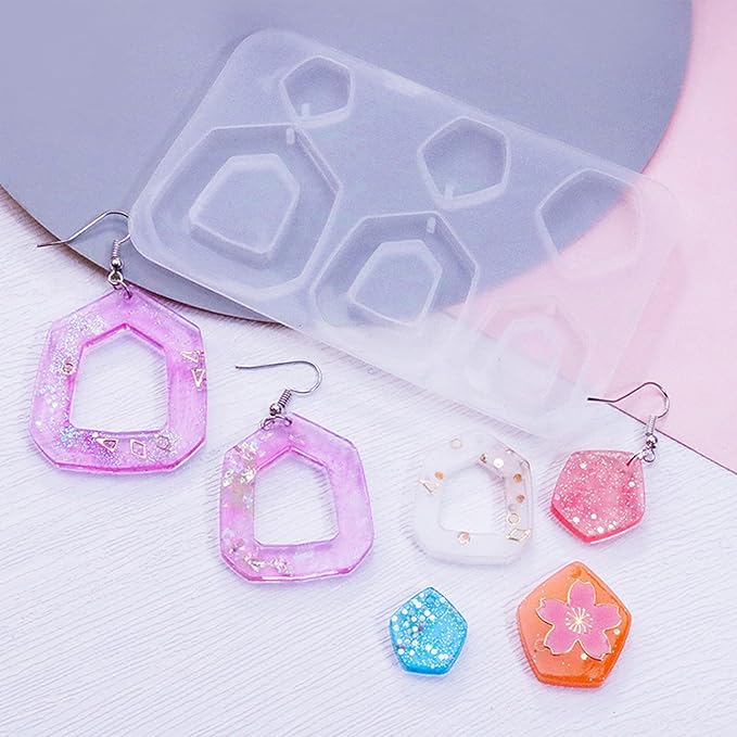 6Pcs Earring Resin Silicone Molds with 40 Earring Hooks, Epoxy Resin Jewelry Molds Silicone Set for Casting Irregular Shape Mold for Earrings Pendant Necklace Bracelet Keychain (6 Pcs-Medium)