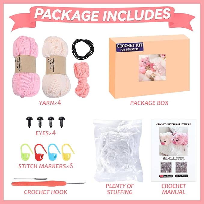 2 Pack Pig Crochet Kit for Beginners with Easy Yarn and Step-by-Step Video Tutorials, Beginner Crochets Kit for Adults, DIY Crochet Animal Kits Art Crafts Knitting Kits Ideal Gifts for Teacher Gifts