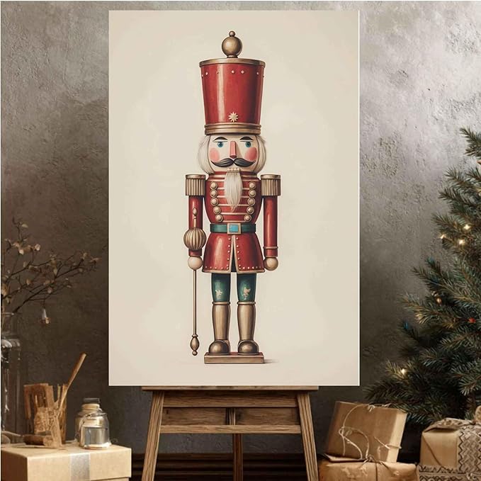 Nutcracker Christmas Wall Art Festive Christmas King Holiday Print Classic Soldier Nutcracker Vintage Holiday Canvas Painting Indoor Decor for Home Offices Living Room Bedroom Dining Room farmhouse