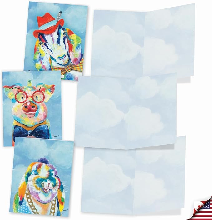 The Best Card Company Assorted Blank Greeting Card Box Set - Incl. 20 Cards + Envelopes - 10 Unique Designs - Perfect for Thank Yous, Invitations, More - Funny Farm AM6563OCB-B2x10