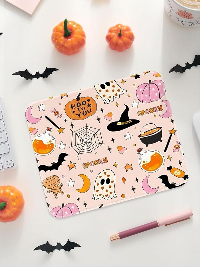 Seorsok Cute Ghost Mouse Mat,Halloween Pumpkin Decor Mouse Pads for Office Laptop,Washable Square Cute Mousepads with Extended Stitched Edges Non Slip Rubber Base 9.5"x7.8"x0.12" Inch,Pink