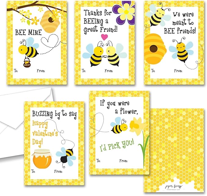 Paper Frenzy Bumble Bee Themed Valentines - 25 pack WITH ENVELOPES