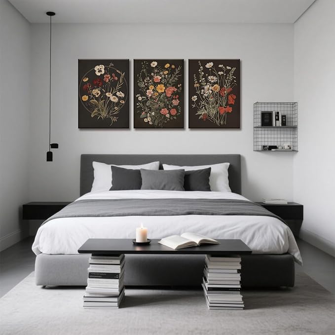TUEASKY 3 Piece Dark Floral Canvas Wall Art Vintage Botanical Wall Art Moody Flower Decor Black Wildflower Art Prints for Living Room Bedroom Office 16x24in Framed