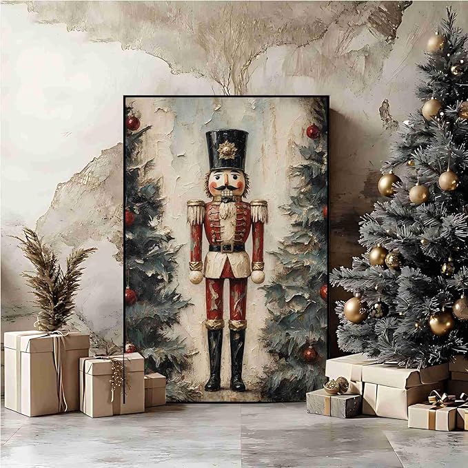 Nutcracker Soldier Vintage Christmas Art Holiday Doll Canvas Wall Art Traditional German Decor Red Uniform Soldier Prin Poster Indoor Decor for Home Offices Living Room Bedroom Framed Ready to Hang