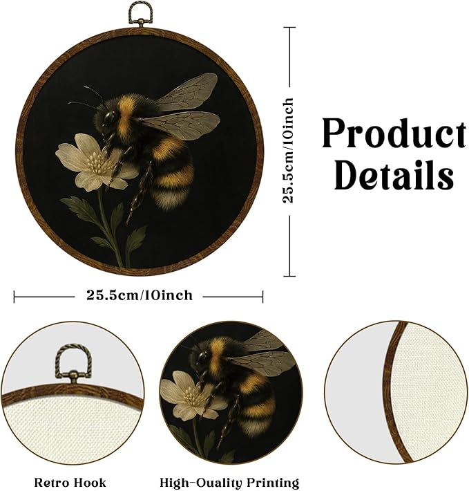 KLYTINK Vintage Bee Round Wall Art,Botanical InsectCanvas Prints with Frame, Bee Dark Floral Naturalist Decor for Kitchen, Study, or Bedroom(Bee-02)