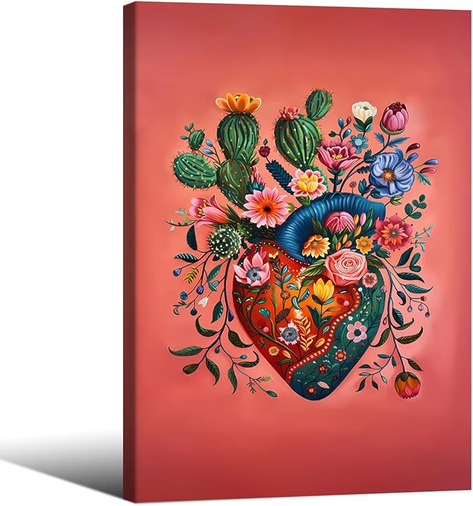 Mexico Blooming Heart Canvas Poster Colorful Vintage Botanical Wall Art Funky Trippy Pink Prints 24X36 inch Framed for Bed Living Room Apartment Wall Decor