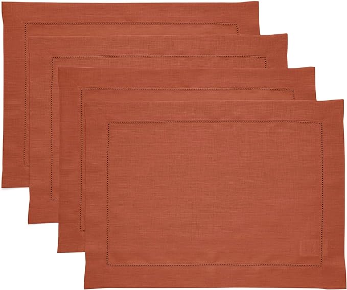 Solino Home Linen Placemats Set of 4 - Classic Hemstitch Cinnamon Placemats 14 x 19 Inch - 100% Pure Linen Table Mats for Winter