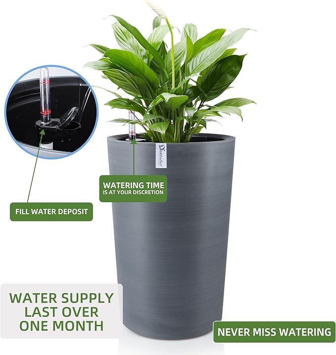 Dexceder 16x12 Tall Self Watering Planter High Cylinder Indoor Outdoor, Thickened Large Floor Standing Flower Plant Pot with Water Level Indicator (Gray, Wire Drawing)