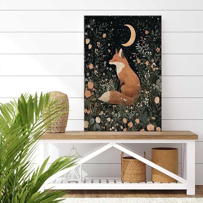 Fairytale Dreamy Fox Wall Art Vintage Moonlit Forest Floral Plant Night Canvas Poster Print Whimsical Nature Aesthetic Picture Decor for Nursery Living Room Bedroom Office 16x24inch Framed