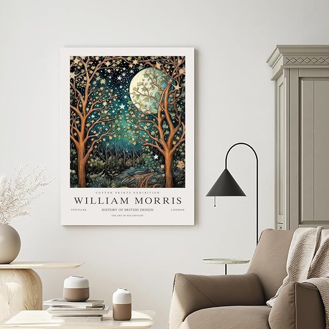 Hianan William Morris Framed Canvas Wall Art, Vintage Gold Moon Stars Poster Prints, Many Dreamlike Stars Wall Decor, Retro Botanical Aesthetic Picture for Bedroom Living Room Office 16"x24"x3