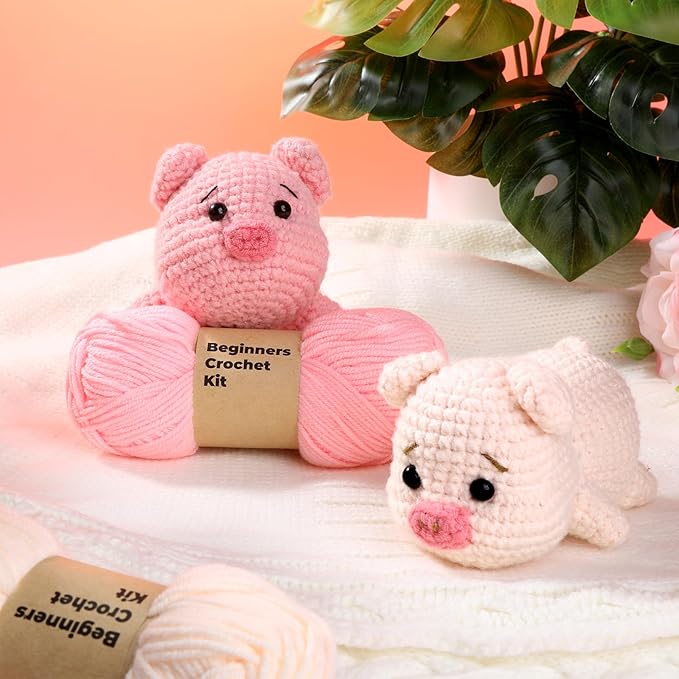2 Pack Pig Crochet Kit for Beginners with Easy Yarn and Step-by-Step Video Tutorials, Beginner Crochets Kit for Adults, DIY Crochet Animal Kits Art Crafts Knitting Kits Ideal Gifts for Teacher Gifts