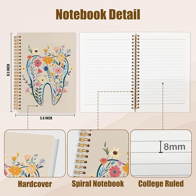 WUCHJ Dentist Gifts Notebook Journal, Dental Assistant Office Gifts for Women, Brown Floral Tooth Dental Spiral Notebook Journal for Note Taking, Dentist Office Supplies, 5.5x8.3 Inch