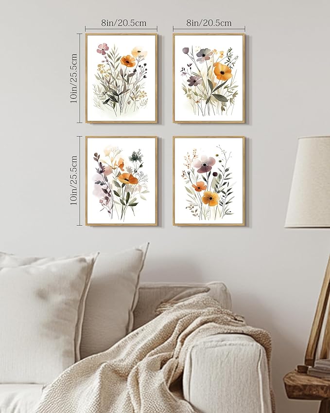 Drsoum Wildflower Bouquet Boho Framed Wall Art Wooded Minimalist Aesthetic Botanical Flower Prints Modern Plants Bathroom Kitchen Home Decor Ready to Hang 8x10inx4pcs (Natural Framed)