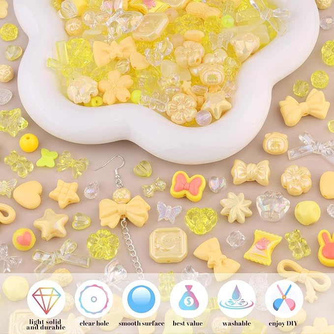 200-260PCS TINKRSTUFF Assorted Acrylic Beads Yellow Cute Beads for Bracelet Making, Bow Aesthetic GummyBear Flower Candy Butterfly Kawaii Charms for Jewelry Making DIY Necklace Keychain Phone Charm