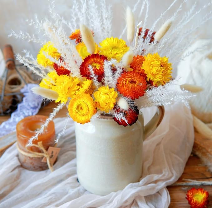 Natural Dried Straw Flower Bouquet, 20 pcs, Fall Color Daisies for Vase, Rustic Orange Yellow