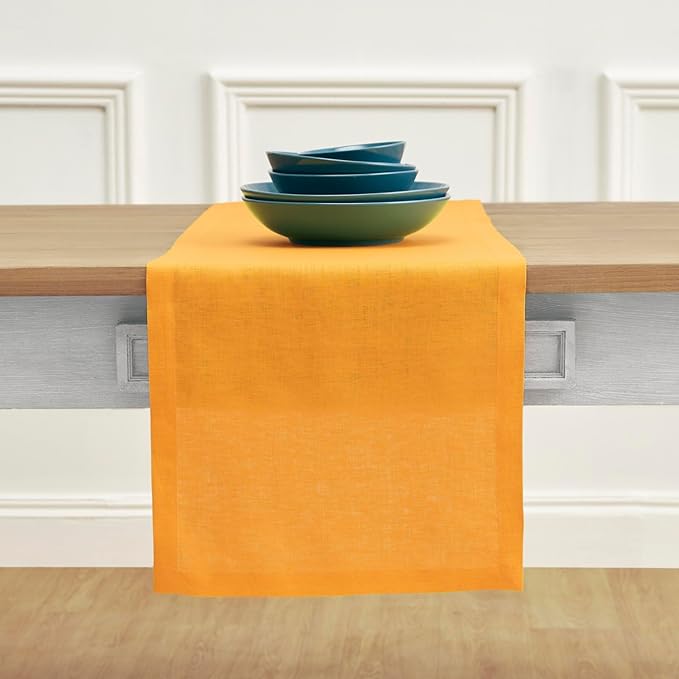 Solino Home Linen Table Runner 108 Inches Long - 100% Pure Linen Tangerine Yellow Dining Table Runner 14 x 108 Inch for Spring - Fete