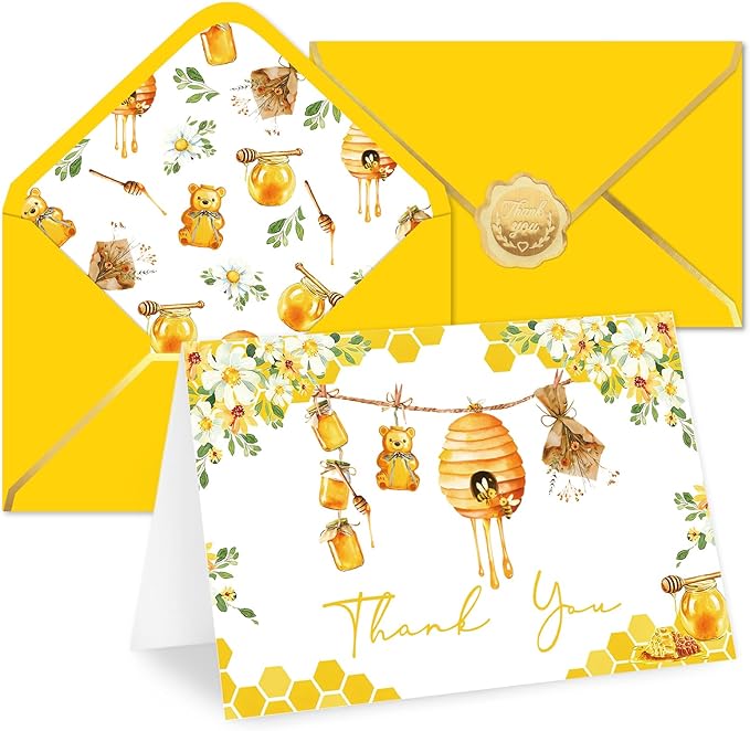 Whaline 50 Pack Little Honey Bee Baby Shower Thank You Cards Boxed Greeting Cards with Envelopes Stickers Honeycomb Flower Blank Note Card for Summer Birthday Party Supplies
