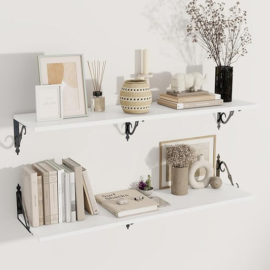Dreamland Deep Floating Shelves, 48" W x 12" D Wall Shelves Set of 2, Wide Display Shelf Wall Mounted with Brackets, Bookshelf for Living Room, Bathroom, Bedroom, White