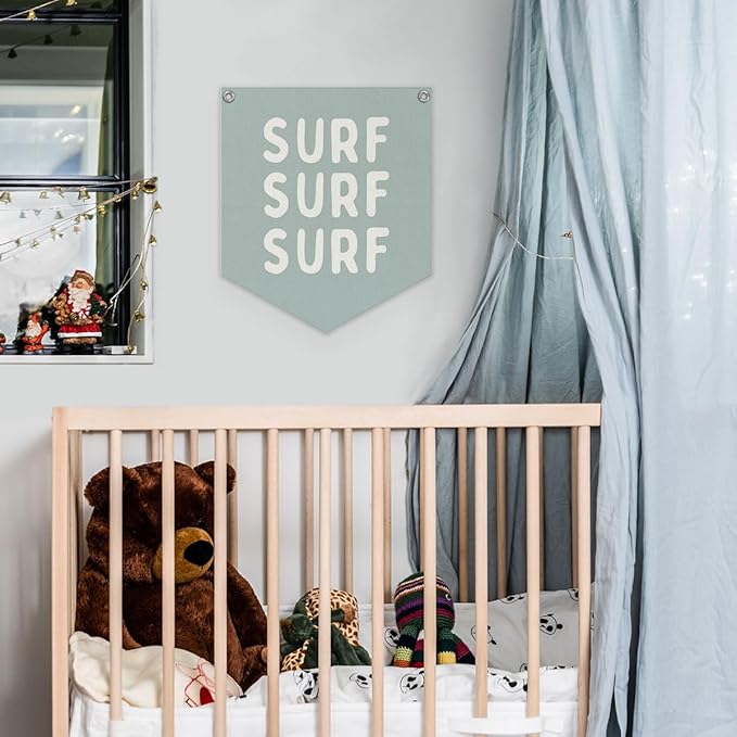 Lacama Surf Decor for Kids Room, Surf Linen Canvas Banner, Coastal Beach Wall Hanging Flag, Nautical Ocean Theme Sign for Boys Room, Playroom, Nursery 12.4x14 in
