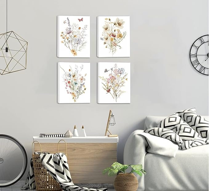 Wildflower Canvas Wall Art,Watercolor Flower Wall Art Poster, Colorfull Minimalist Floral Picture Printing,Farmhouse Living Room Bedroom Office Decoration (8”X 10”Framed)