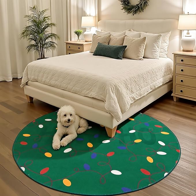 jinchan Jingle Lights Round Christmas Rug for Living Room 5ft Green Circle Holiday Rug for Bedroom 5' Colored String Lights Printed Xmas Decor Washable Indoor Carpet for Dining Room Foyer Non-Slip