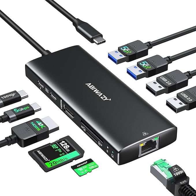 USB C Hub Multiport Adapter, ABIWAZY 10 in 1 USBC to Ethernet Adapter with 4K HDMI, Ethernet Gigabit, 100W PD, USB-C Data Port and SD/TF Slot for MacBook Pro/Air, Dell XPS, iPad Pro, Galaxy (Black)