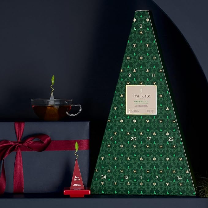 Tea Forte Herbal Tea Advent Calendar Gift Set; 24 Individually Wrapped Handcrafted Assorted Pyramid Infuser Tea Bags with Numbered Doors, Warming Joy (Herbal)