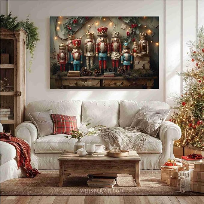 Christmas Nutcracker Vintage Wall Art Print Dark Academia Holiday Poster Winter Christmas Holiday Decor Gold Nutcracker Oil Painting Scene Indoor Decor for Offices Living Room Framed Ready to Hang