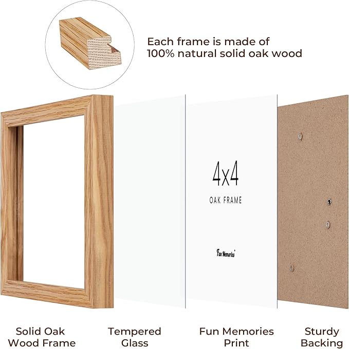 Solid White Oak Wood 4x4 Picture Frame - Set of 2 with Tempered Real Glass for Wall & Tabletop Display
