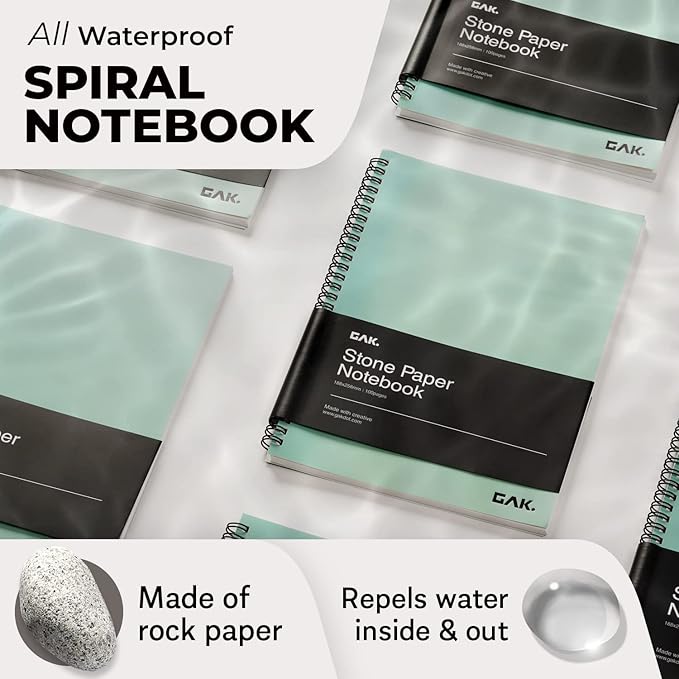GAK. Stone Paper Waterproof Spiral Notebook, 7.20”x10.11”, 50 sheets, Durable Notebook, Eco-Friendly Mineral Stone Paper Notebook, Waterproof Notepad, Ruled, Green