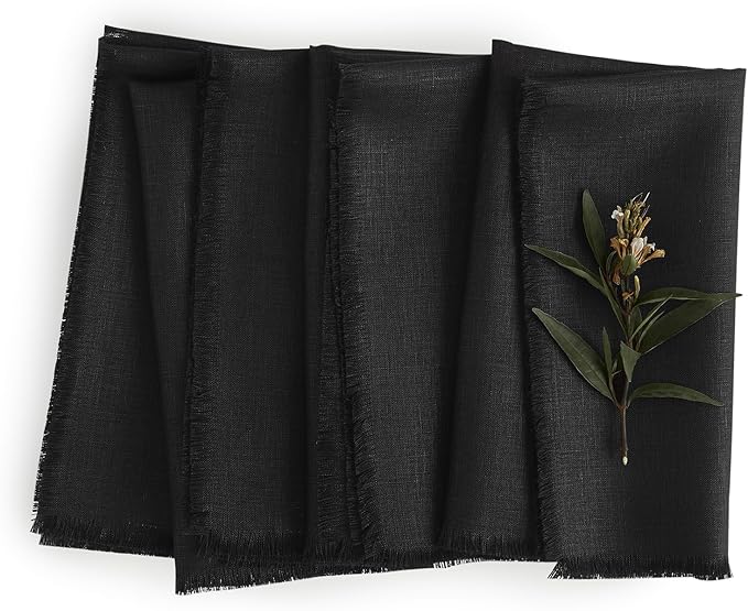 Solino Home Black Linen Napkins Set of 4-100% Pure Linen Cloth Washable Dinner Napkins 20 x 20 Inch for Spring - Fringe