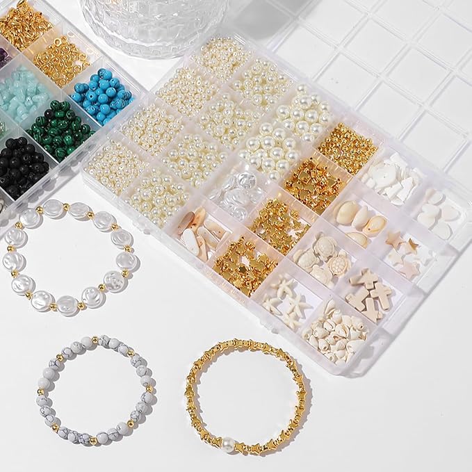 1000Pcs Pearl Beads for Bracelets Making -4mm 6mm White Pearl Beads with Gold Spacer Bead & Shell Jewelry for Bracelet Necklace DIY Craft Making Kit, Beach Theme Friendship Jewelry Making Kit