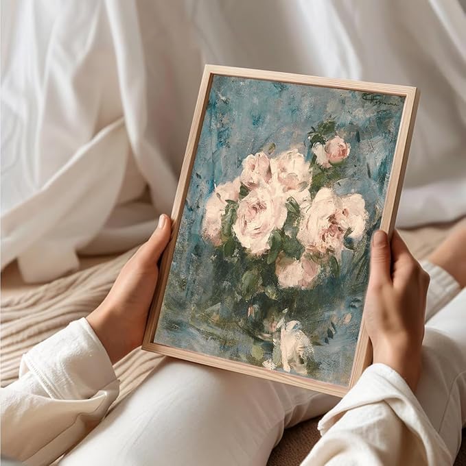 uniro Vintage Floral Wall Art, Retro Flower Botanical Painting, Farmhouse Wall Decor Rustic Still Life Pink Roses Canvas Prints Painting French Decor, Vintage Art Pictures for Bedroom Bathroom ( 8" x 10"-UNFRAMED)