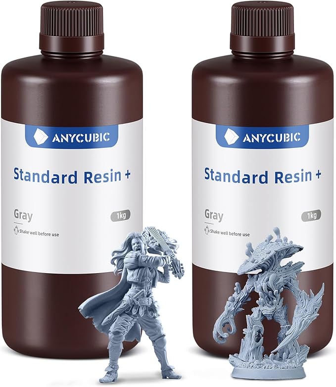 ANYCUBIC Standard 3D Printer Resin Plus, 405nm SLA Fast UV-Curing Resin, High Precision & Rapid Photopolymer for 8K/14K/16K Capable LCD/DLP/SLA 3D Printing (Gray+Gray, 2000g)
