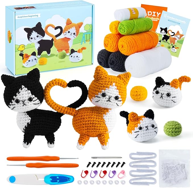 Auspicious beginning Cat Crochet Kit for Beginners-Crochet Kits 4PCS Cats Family Crochet Animals Kits with Step-by-Step Video Tutorials, Crochet Starter Kit Learn to Crochet Kits for Adults