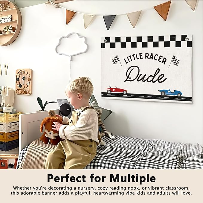 Little Racer Dude Black and White Checkered Boys Room Decor - Linen Banner Wall Hanging Canvas Banner Flag Decor for Toddler Boy Bedroom Nursery Playroom