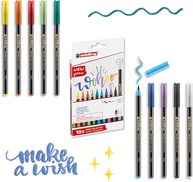edding 1340 Glitter Brush Pen Set – 10pcs Assorted Colors with Soft Brush Nib, Quick-Drying, Smooth Writing – Glitter Markers for Journals, Planners, Scrapbooking, & Adult Coloring – Made in Germany
