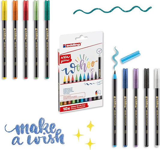 edding 1340 Glitter Brush Pen Set – 10pcs Assorted Colors with Soft Brush Nib, Quick-Drying, Smooth Writing – Glitter Markers for Journals, Planners, Scrapbooking, & Adult Coloring – Made in Germany