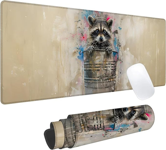 Raccoon Gaming Mouse Pad, Office Desk Mat, Anti-Slip Rubber Base Cool Aesthetic Mouse Pads for Computer Laptop Keyboard School Home Desktop Gamer Home Accessories Decor 31.5" x 11.8"