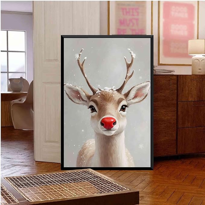 Framed Canvas Wall Art Red Nosed Reindeer Christmas Farmhouse Mantle Canvas Wall Art Print Farmhouse Christmas Poster 20x30in Metal blackFramed