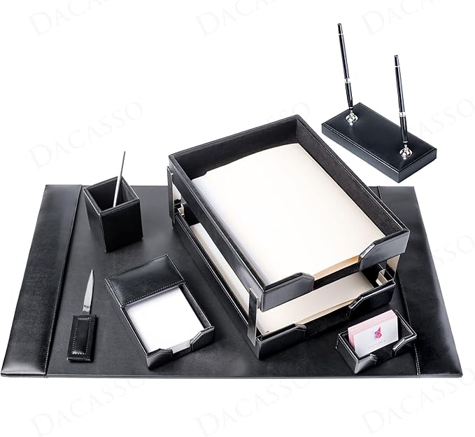 Dacasso Black Bonded Leather Luxury 9 Piece Desk Set - Blotter Pad & Desk Mat Organization Essentials - Executive Decor and Surface Protector