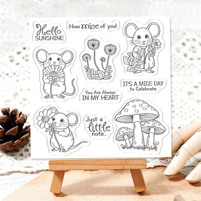 Flower Mouse Mushroom Stamps and Cutting Dies for Card Making DIY Transparent Silicone Clear Stamp and Metal Die Cuts Sets for Scrapbooking Paper Greeting Cards Decor Seals Craft Supplies