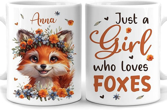 Hyturtle Personalized Cute Fox Coffee Mug - Gift For Fox Lover - Just A Girl Who Loves Foxes - Fox Gift For Women - Animal Lover Gift - Birthday Christmas - Custom Coffee Cup Ceramic Mug 11oz - 15oz