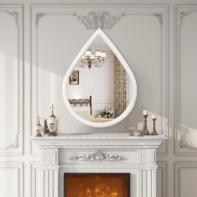 White Vintage Mirror Teardrop Wall Hanging Mirror Wood Frame 26 X 18 Inch Wall Mirrors Decorative for Entryway Living Room Bathroom Hallway Home Decor