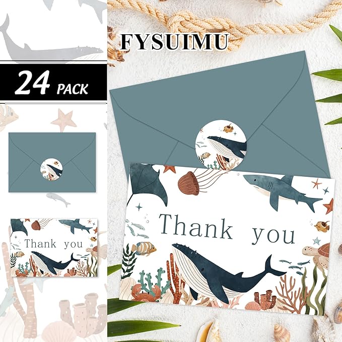 24 Pack Ocean Animal Thank You Cards Bulk Cute Sea Life Greeting Cards with Envelopes Stickers Blank Note Cards for Birthday Baby Shower Party Supplies, 4 x 6 Inch